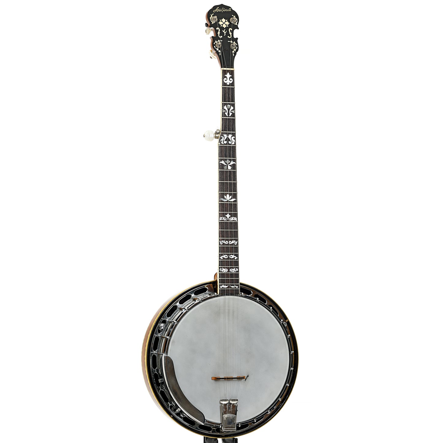 Full front and side of Aria Pro II Flying Eagle Resonator Banjo