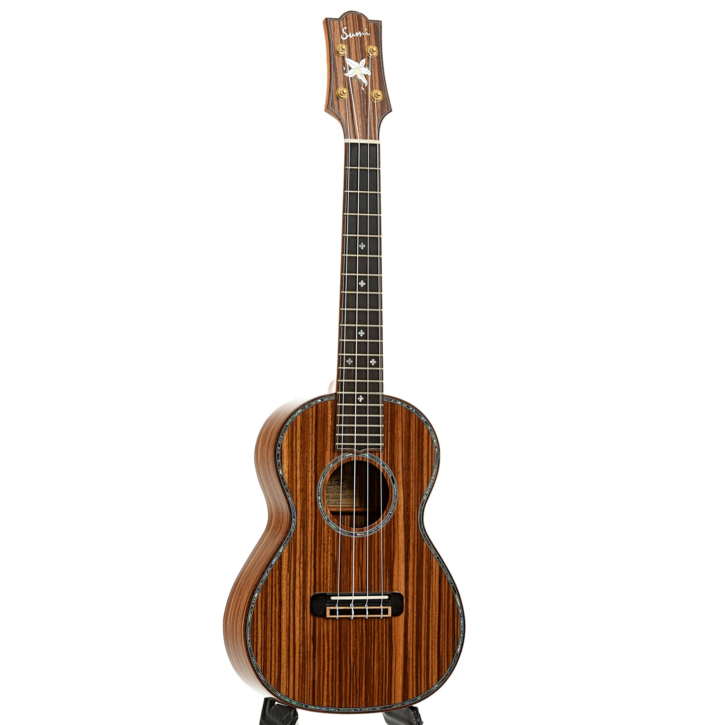 Full front and side of Sumi Beli tenor ukulele