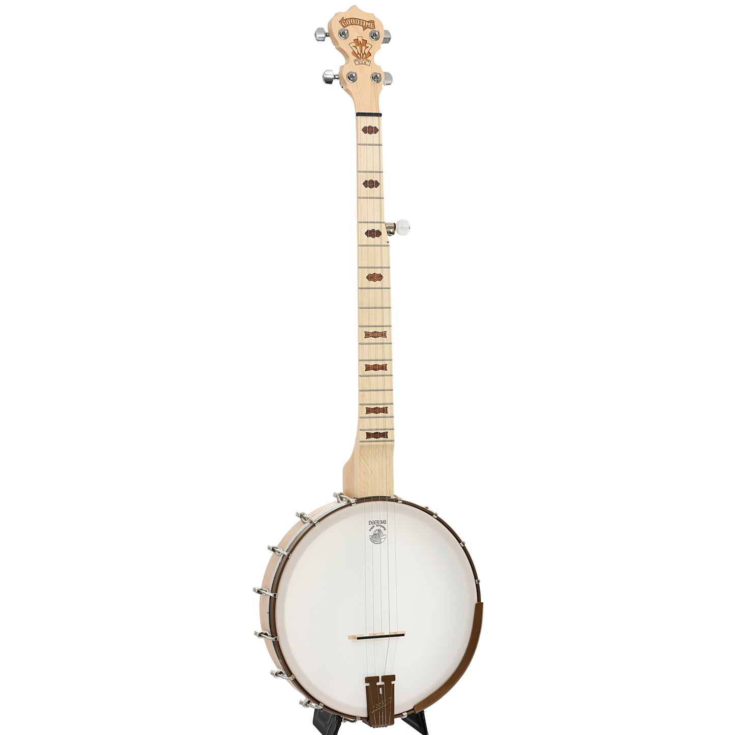 Full front and side of Deering Lefthanded Goodtime Deco Openback Banjo with Scooped Fretboard