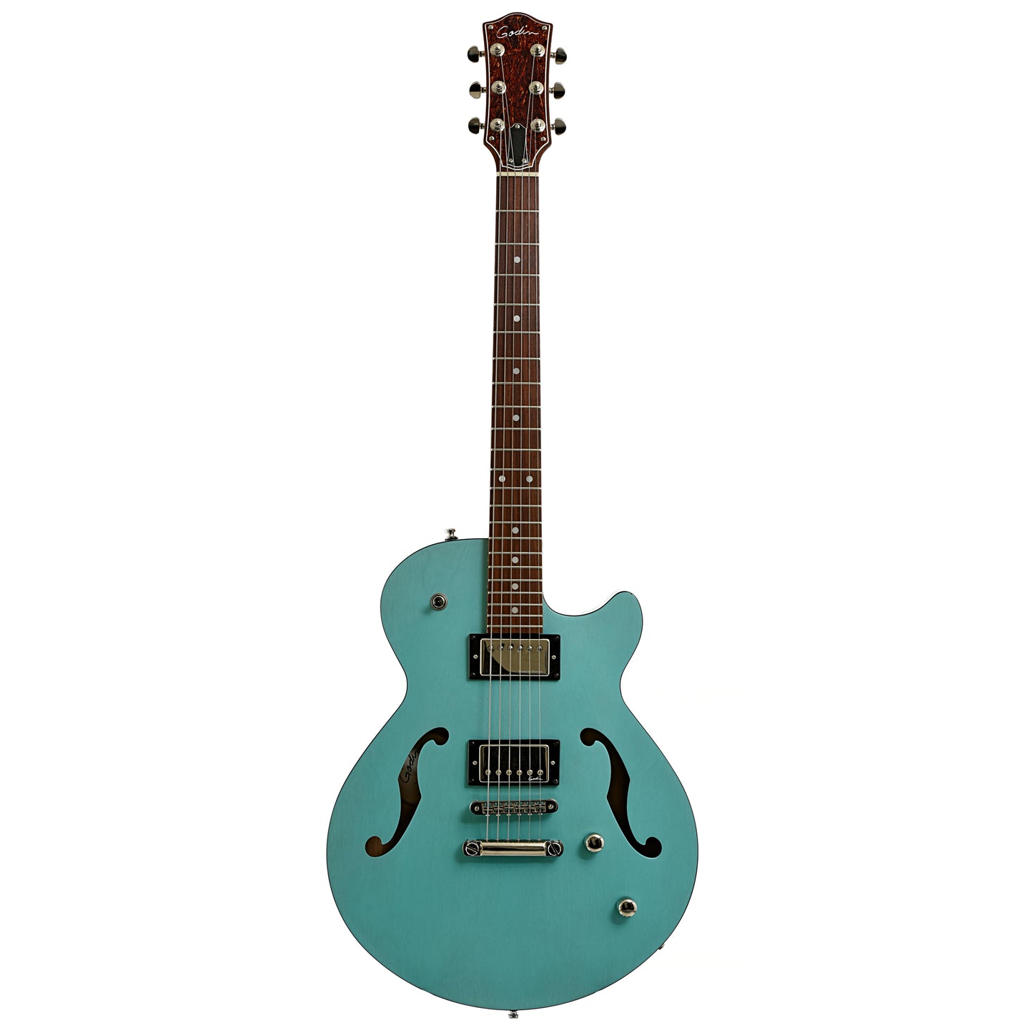 Full front of Godin Montreal Premier HT Laguna Blue Hollowbody Electric Guitar