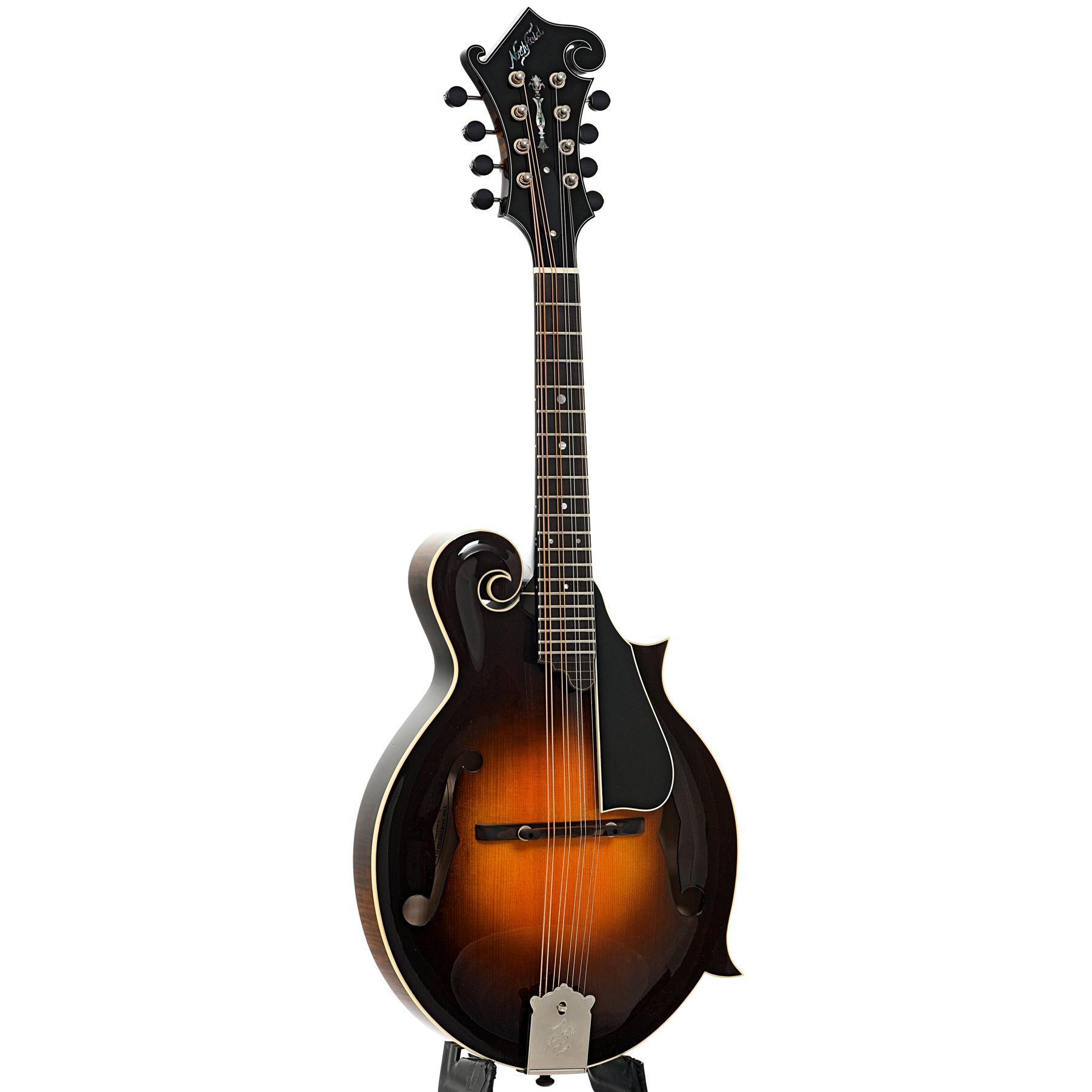 Full front and side of Northfield F5S Limited S Series F-Style Mandolin, Wide Nut, Dark Cherryburst