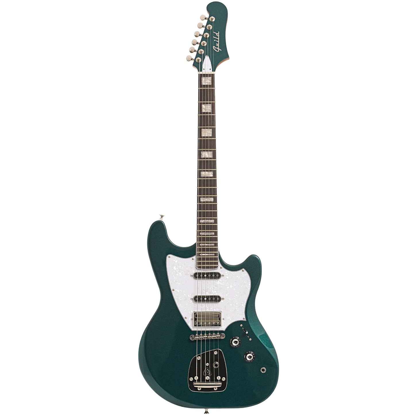 Full front of Guild Surfliner Deluxe Electric Guitar, Evergreen Metallic