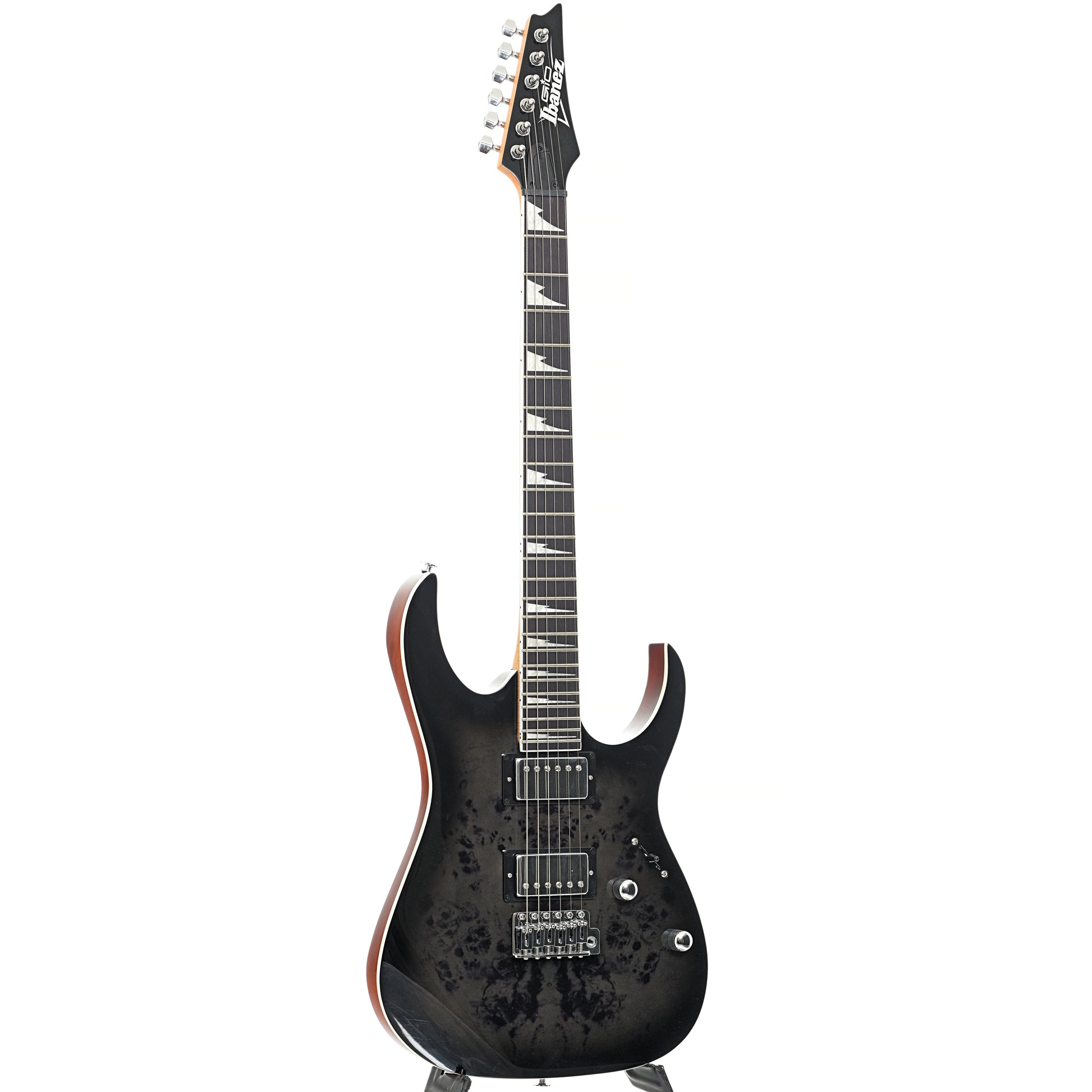 Full front and side of Ibanez B-Stock RG Gio Series GRG220PA1 Electric Guitar, Brown Black Burst