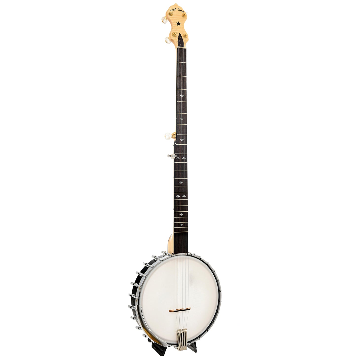 Full front and side of Bacon / Gold Tone Extra Long Neck Conversion Openback Banjo