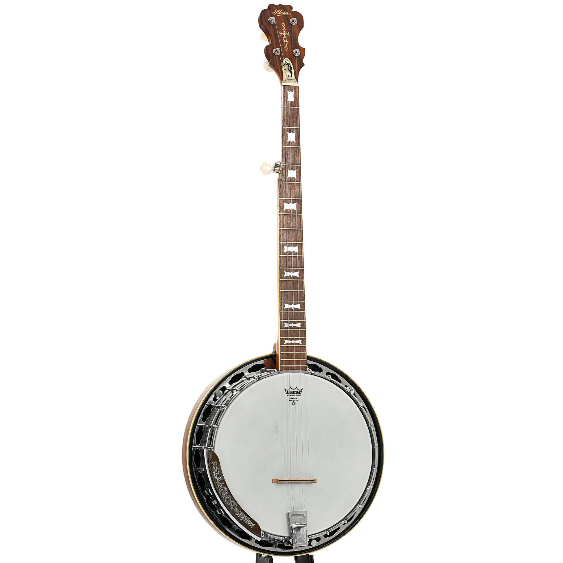 Full front and side of Aria Bow Tie Resonator Banjo