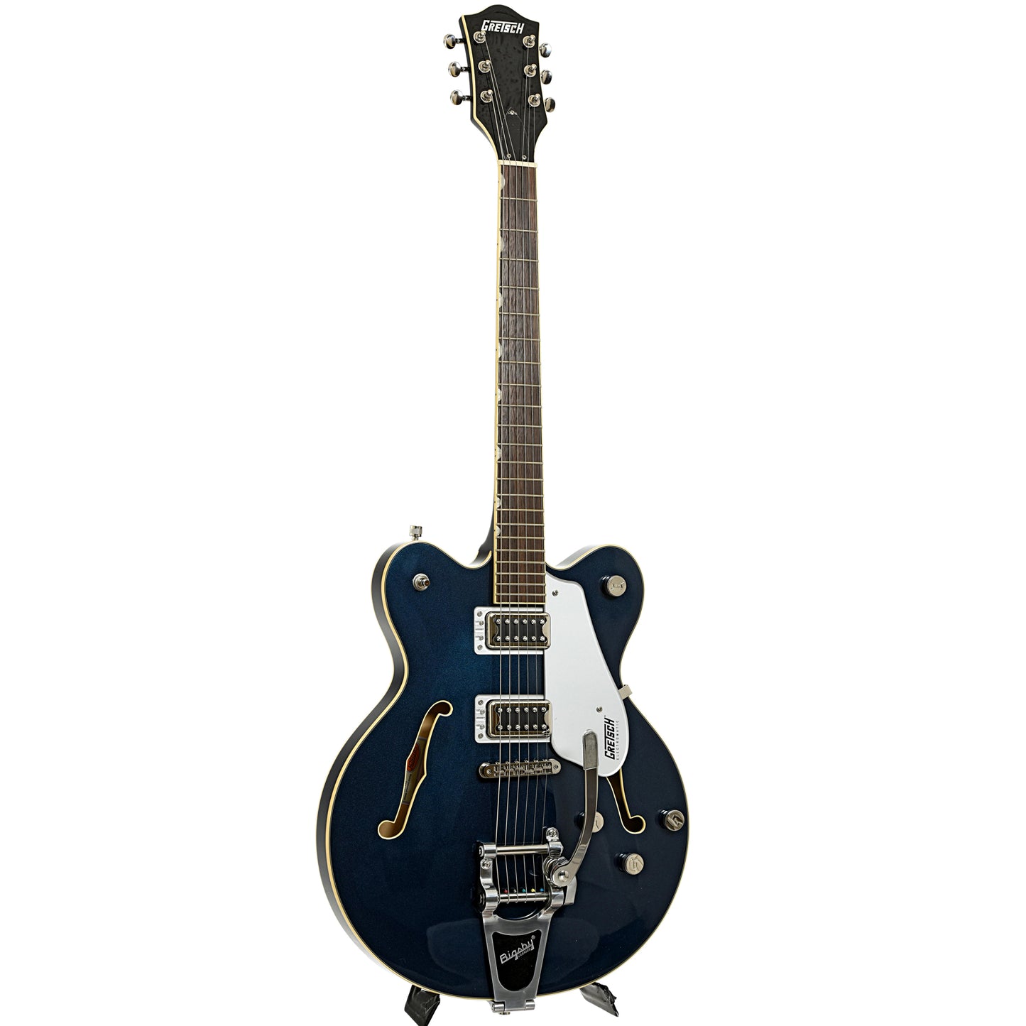 Full front and side of Gretsch G5622T Electromatic Center Block Double-Cut with Bigsby, Midnight Sapphire