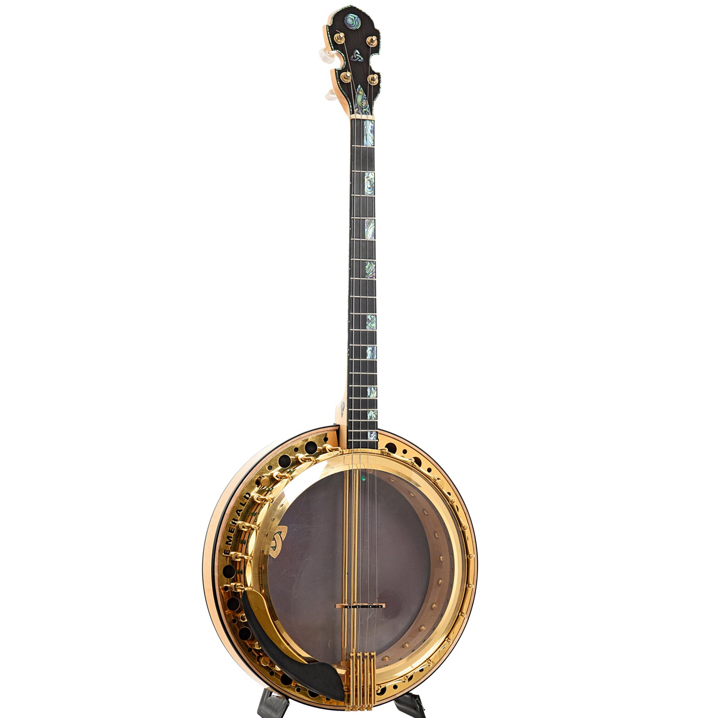 Full front and side of Emerald Labasheed Gold Irish Tenor Banjo