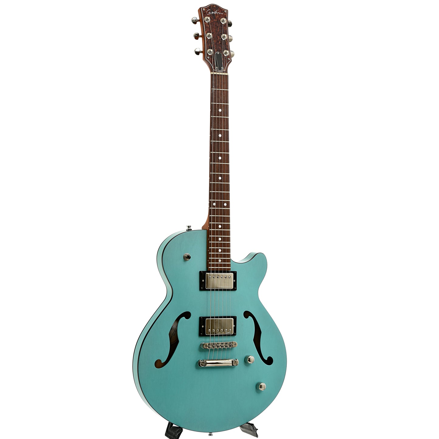 Full front nd side of Godin Montreal Premier HT Laguna Blue Hollowbody Electric Guitar
