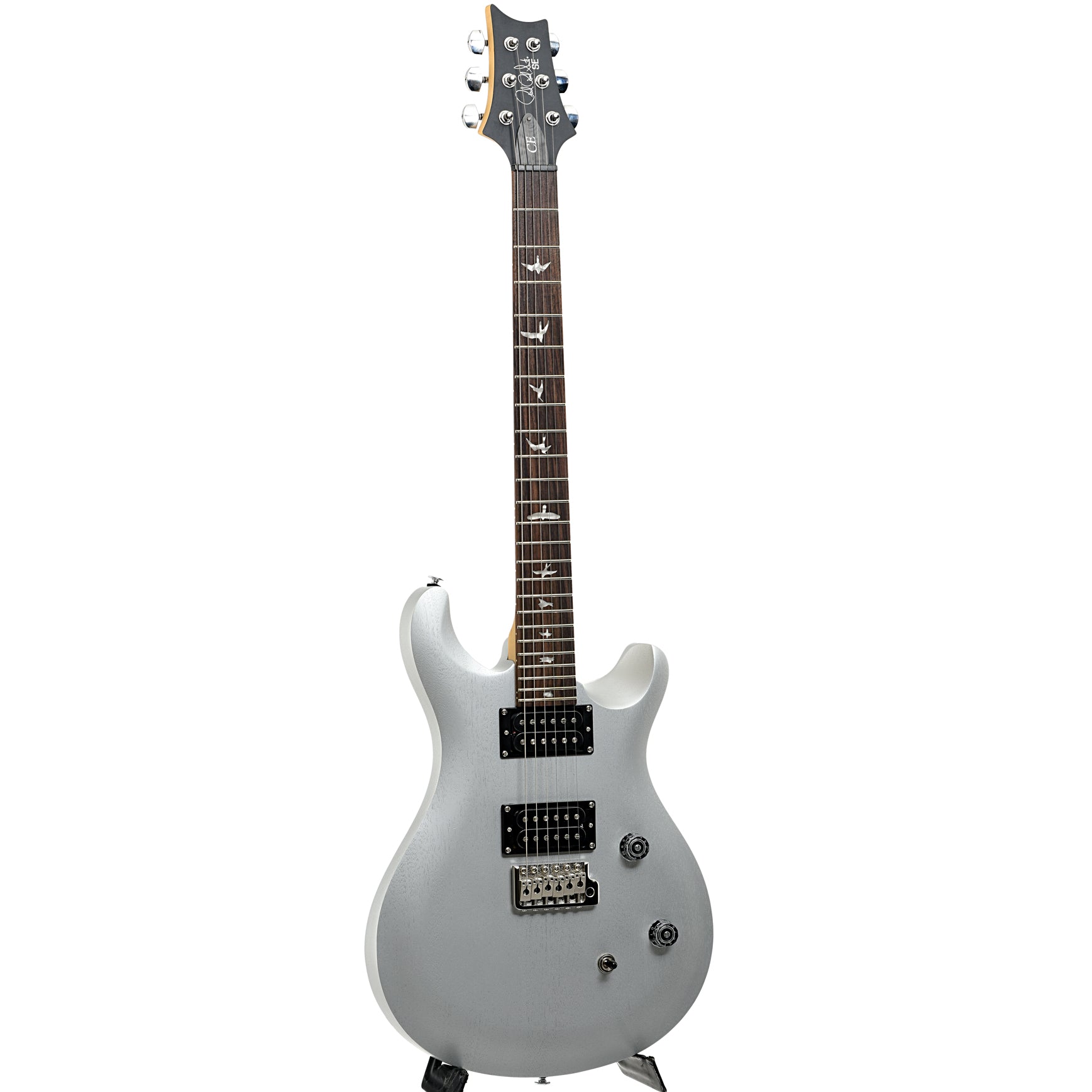 Full front and side of PRS SE CE24 Satin Electric Guitar, Metallic Silver