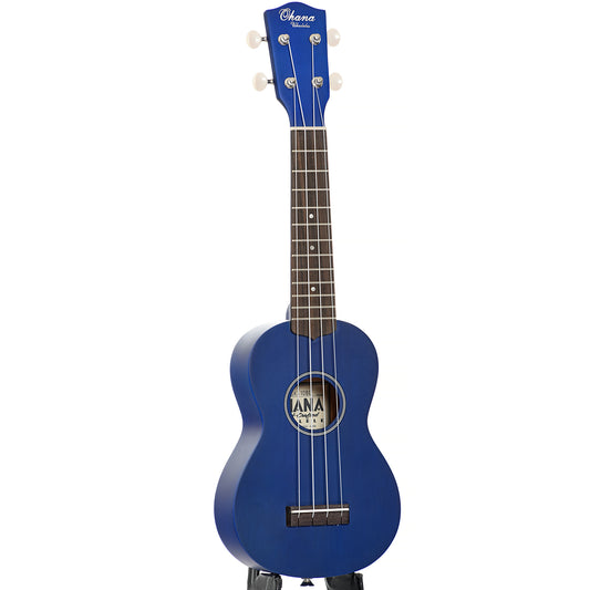 Full front and side of Ohana SK-10 Soprano Ukulele Blue