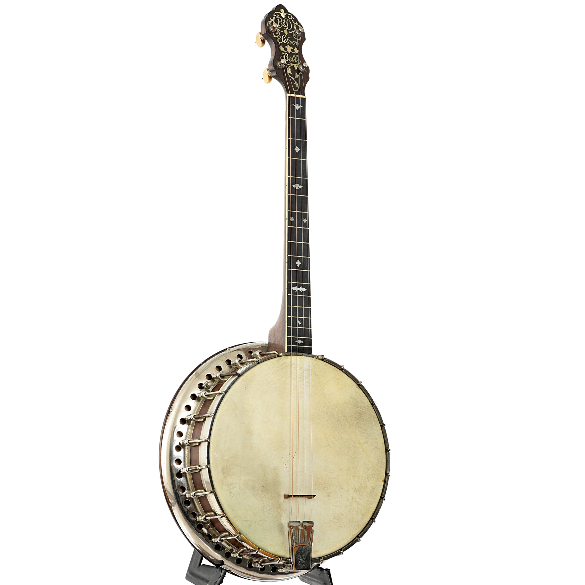 Full front and side of Bacon & Day Silver Bell No.1 Tenor Banjo