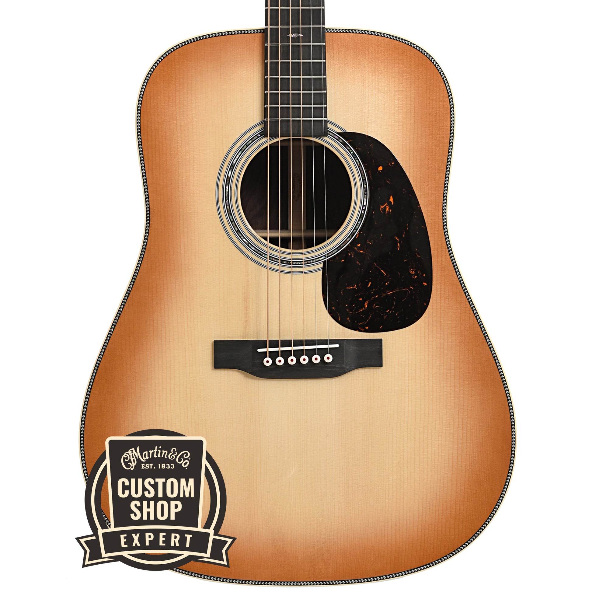 Front of Martin Custom Dreadnought, Herringbone 28-Style - Wild Grain Rosewood & Adirondack Spruce, Toast Burst