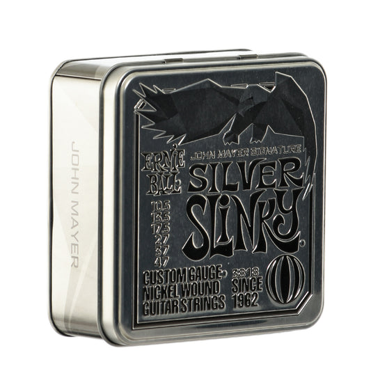 Front and side of tin for Ernie Ball John Mayer Signature Silver Strings 3 Pack Tin 10.5-47