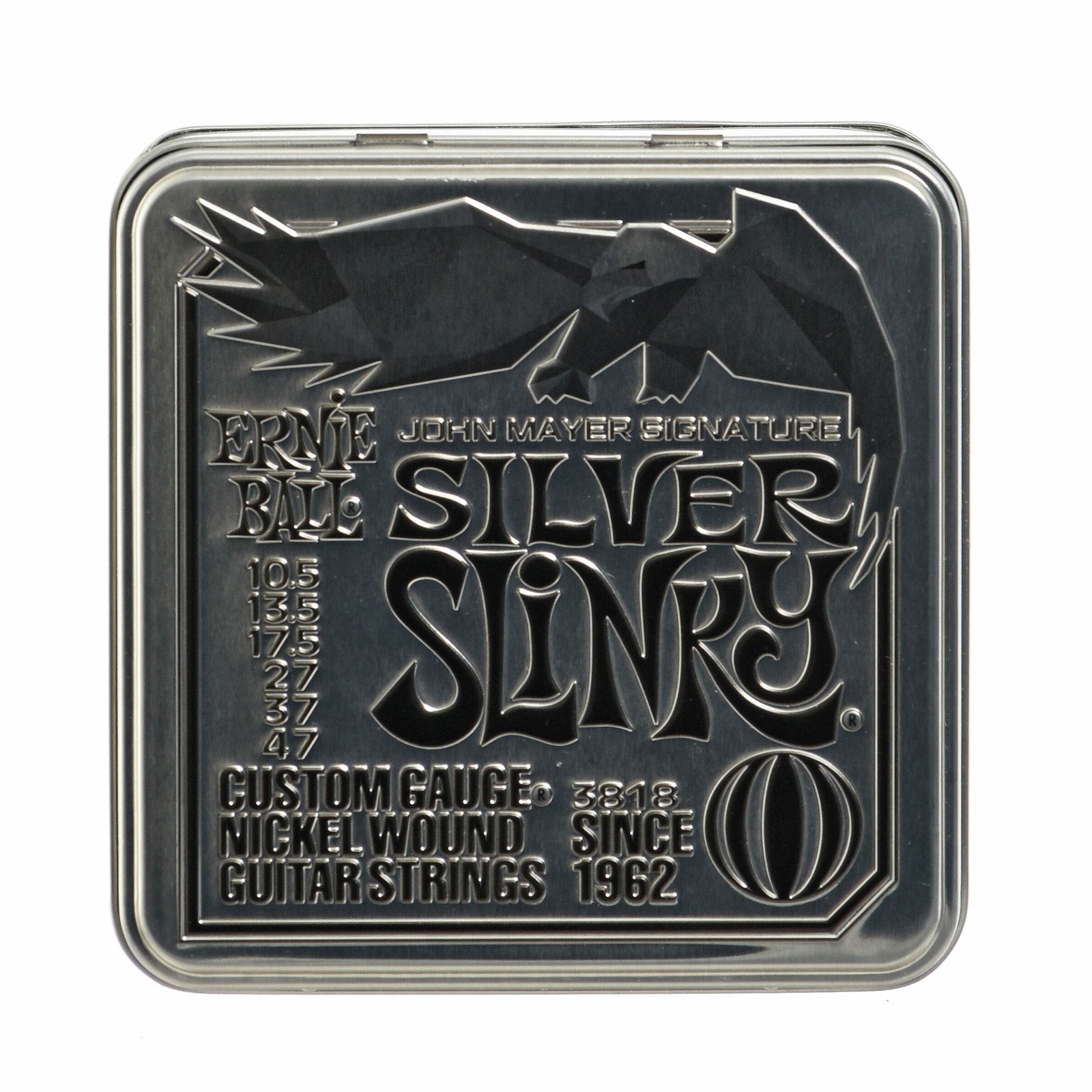 Front tin of Ernie Ball John Mayer Signature Silver Strings 3 Pack Tin 10.5-47