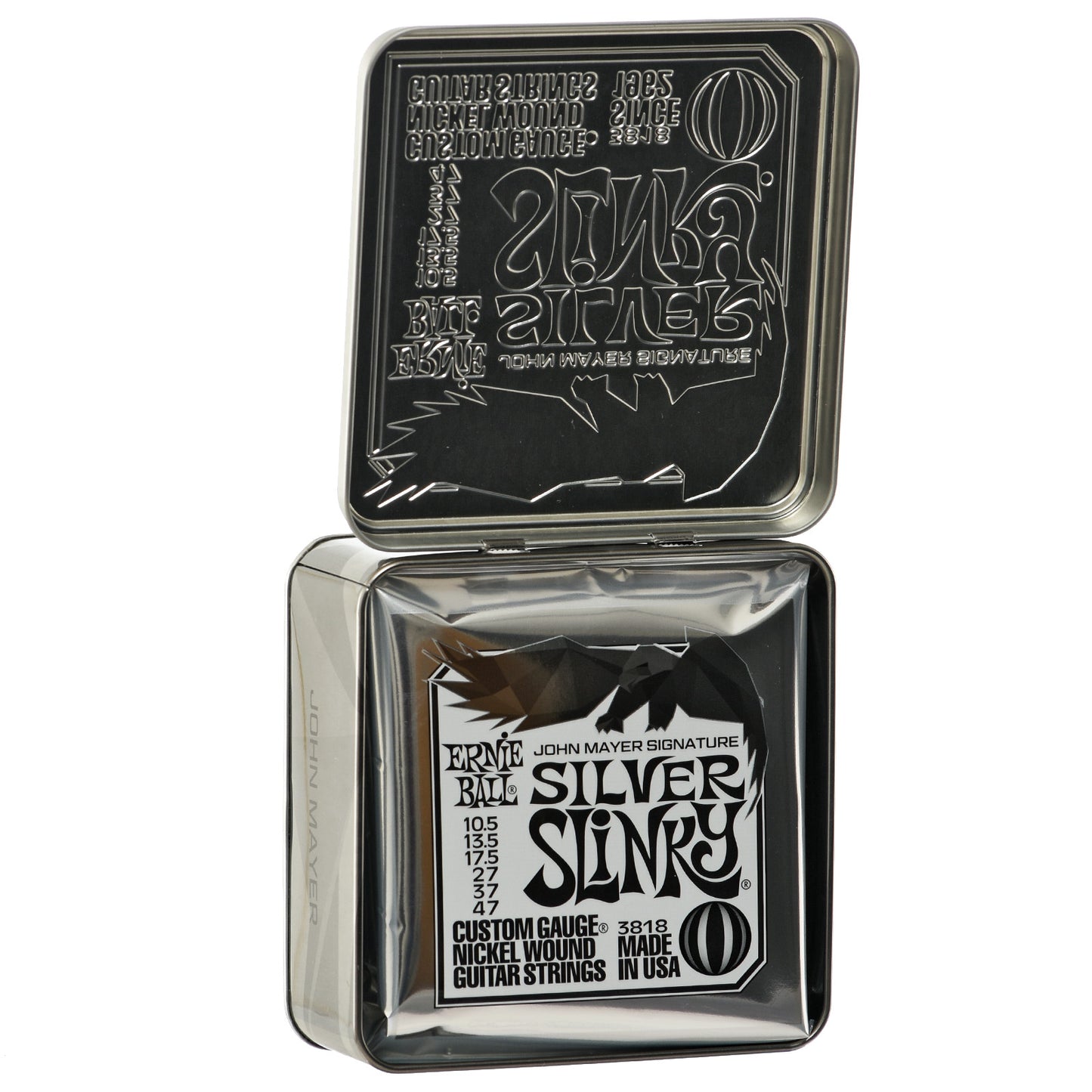 Inside of tin of Ernie Ball John Mayer Signature Silver Strings 3 Pack Tin 10.5-47