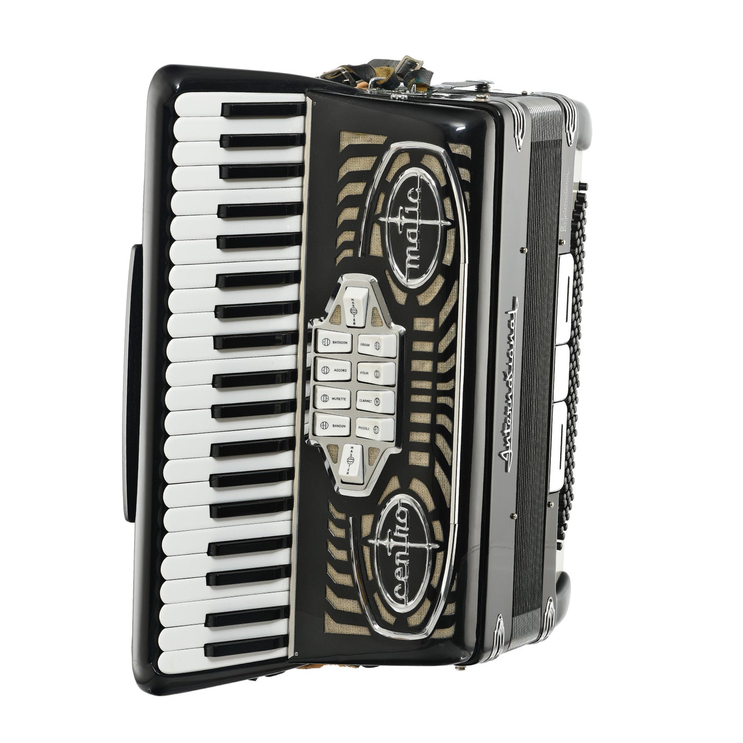 Right front side of International Centro Matic Model 27B Keyboard Accordion