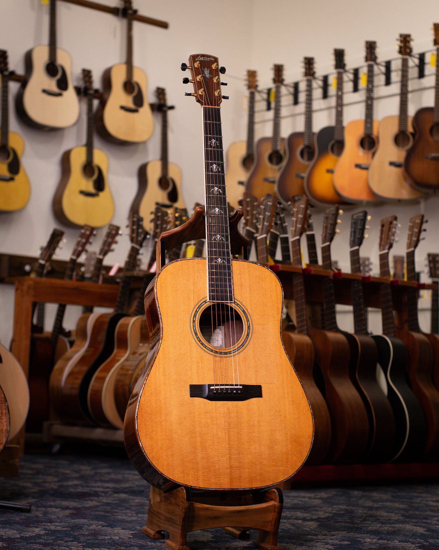 Showroom photo of Front and side of Larrivee D-10 Brazilian Acoustic