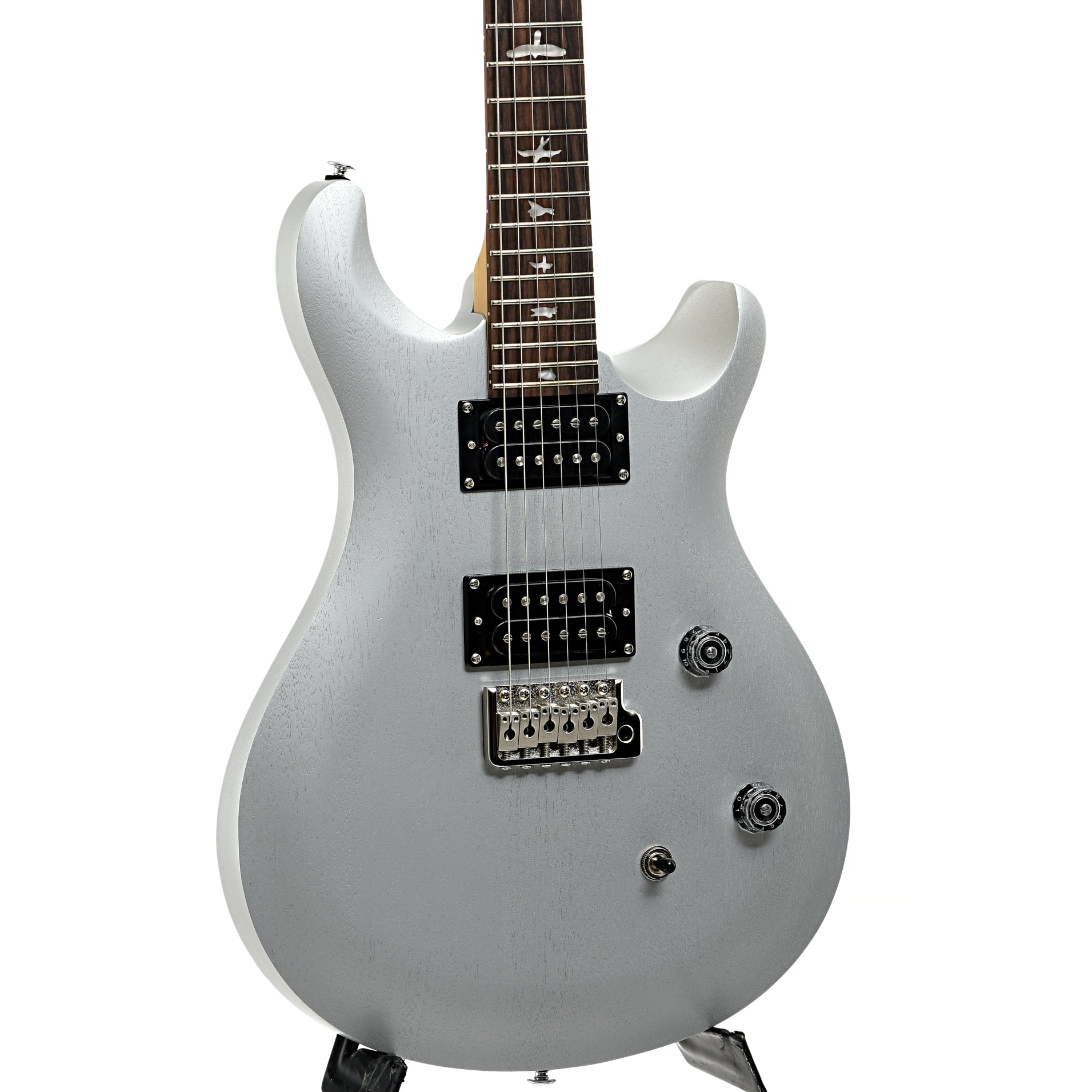 Front and side of PRS SE CE24 Satin Electric Guitar, Metallic Silver