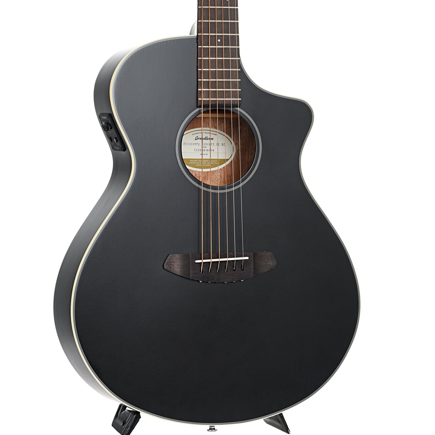 Front and side of Breedlove Discovery Concert Satin Black CE Sitka-Mahogany Acoustic-Electric Guitar 