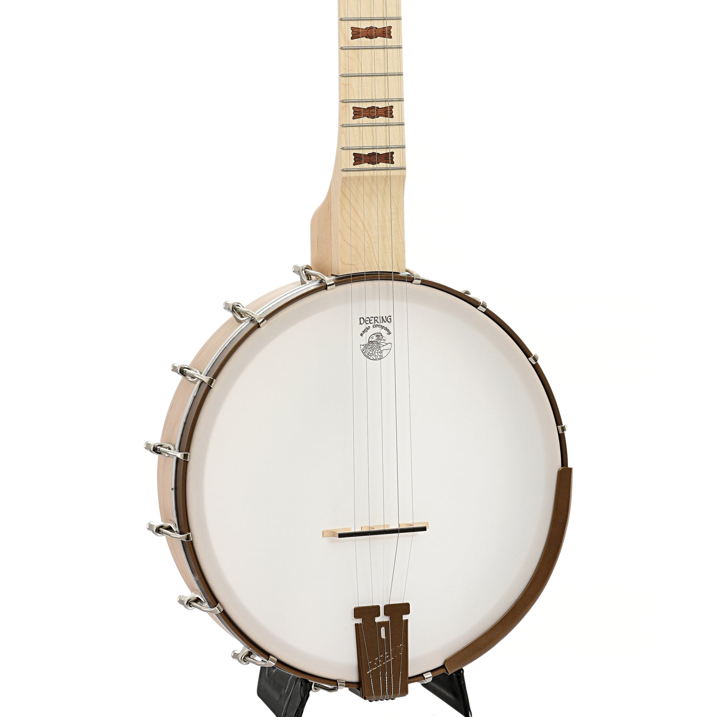 Front and side of Deering Lefthanded Goodtime Deco Openback Banjo with Scooped Fretboard