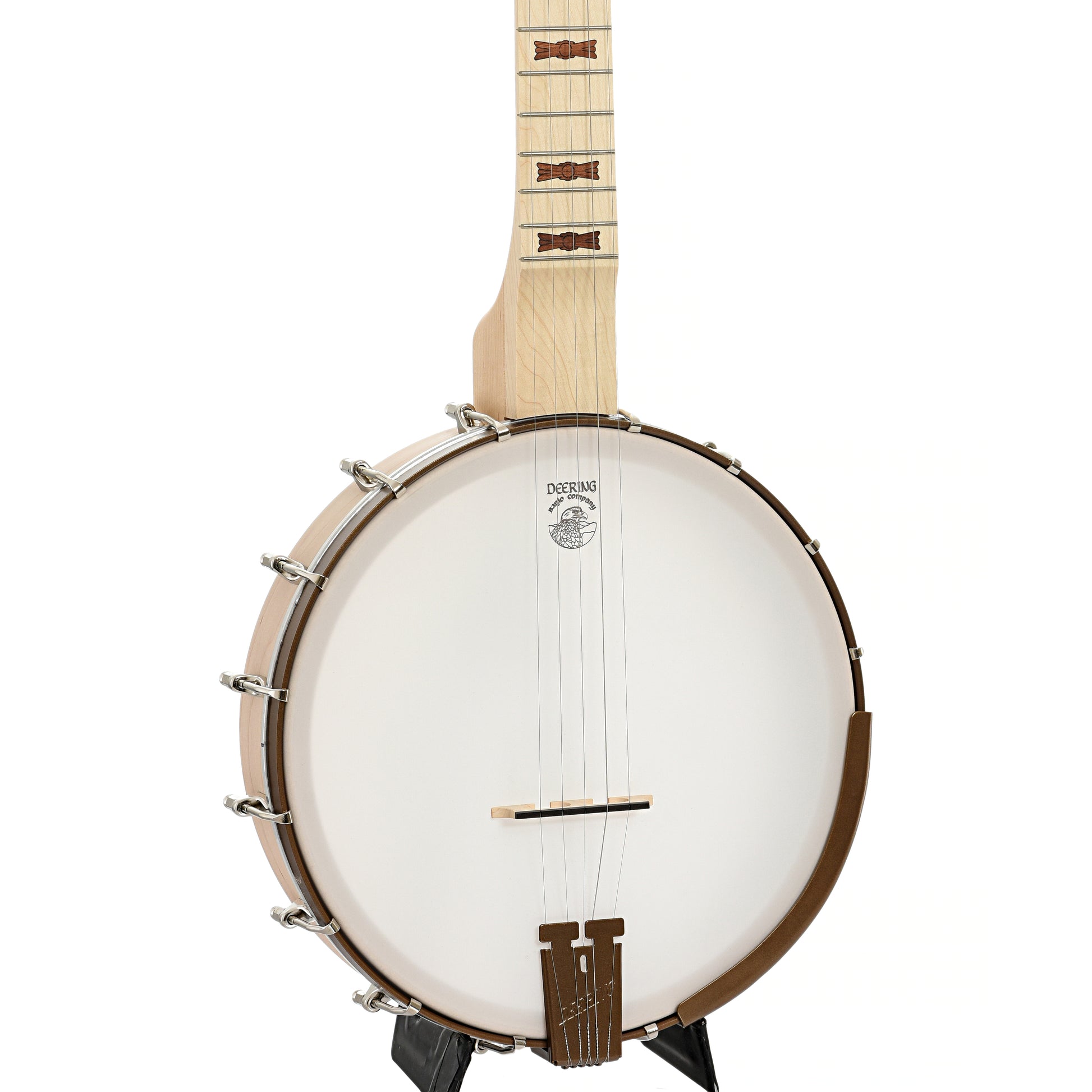 Front and side of Deering Lefthanded Goodtime Deco Openback Banjo with Scooped Fretboard