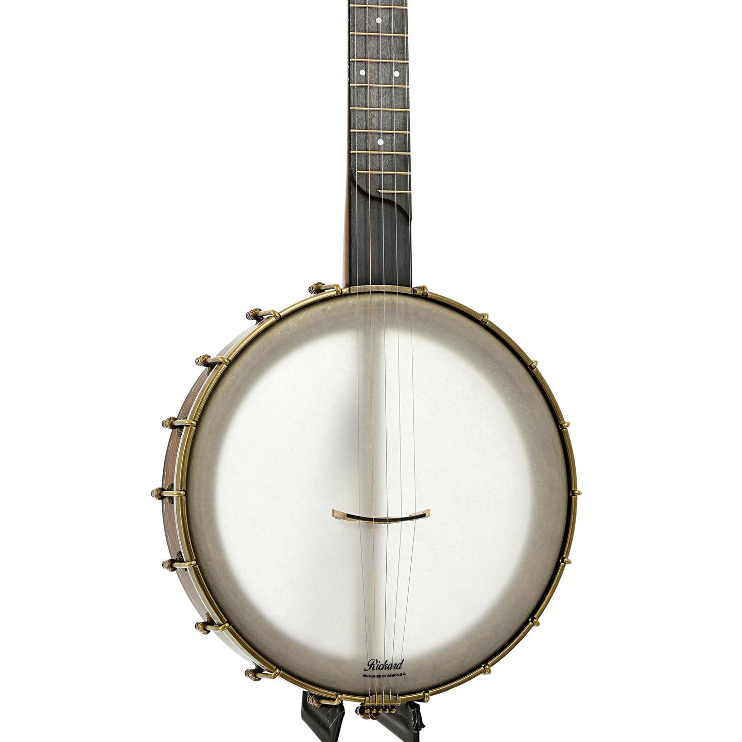 Front and side of Rickard 12" Walnut Dobson Openback Banjo & Case with Cyclone Tuners