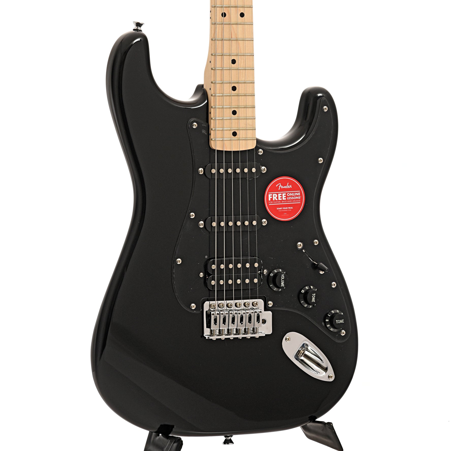 front and side of Squier Sonic Stratocaster HSS, Black