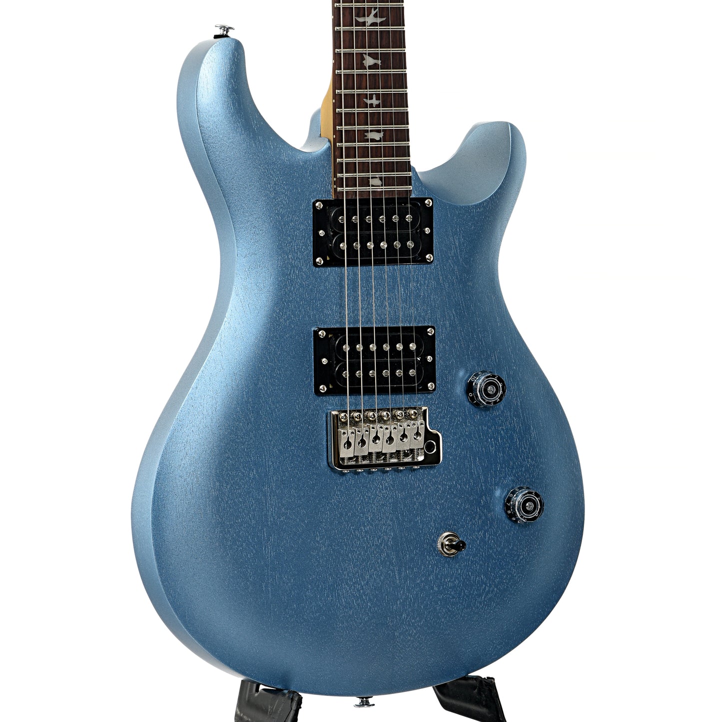 Front and side of PRS SE CE24 Standard Satin Electric Guitar, Ice Blue Metallic