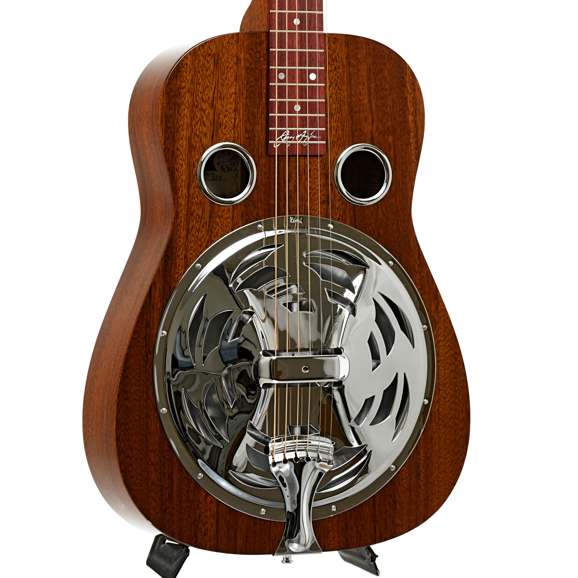 Front and side of Beard Jerry Douglas Brown-Beard Squareneck Resonator Guitar