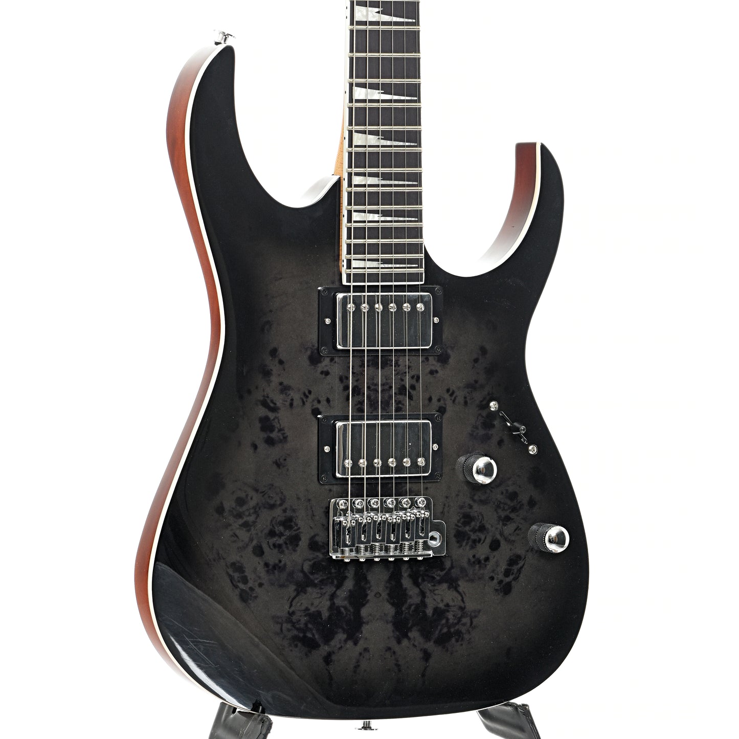 Front and side of Ibanez B-Stock RG Gio Series GRG220PA1 Electric Guitar, Brown Black Burst