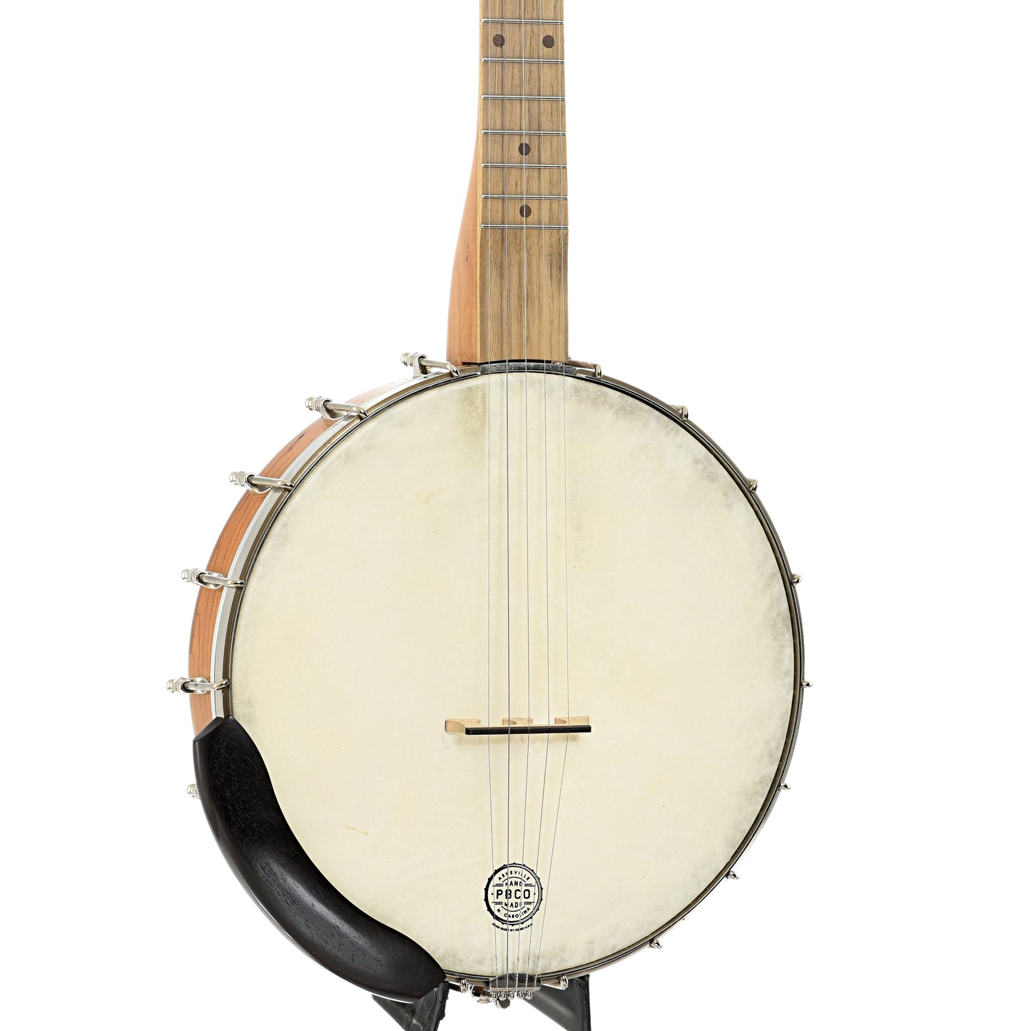 Front and side of Pisgah Possum Cherry 12" Open Back Banjo (c.2014)