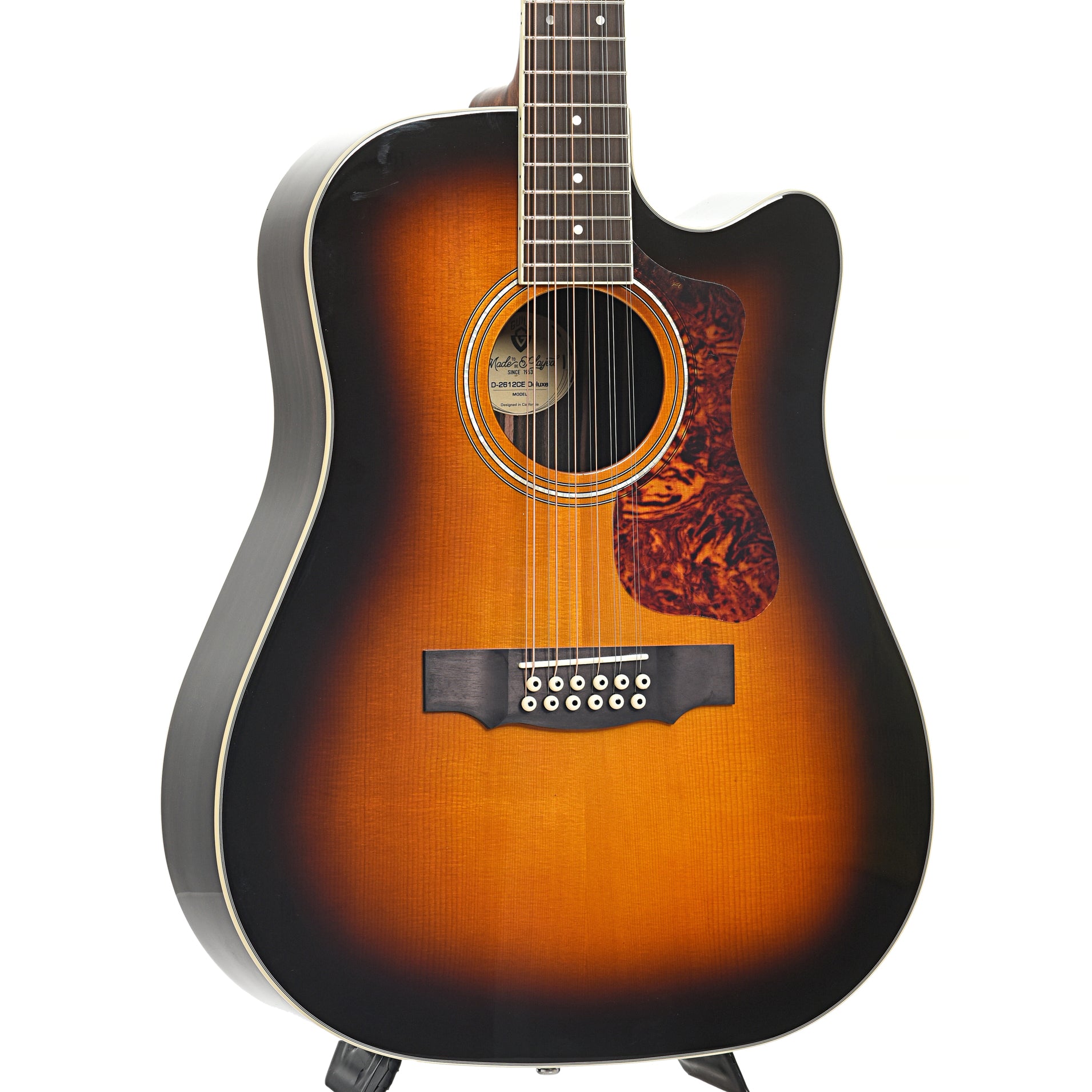 Front and side of Guild Archback D-2612CE Deluxe 12-String Guitar, Antique Sunburst Finish