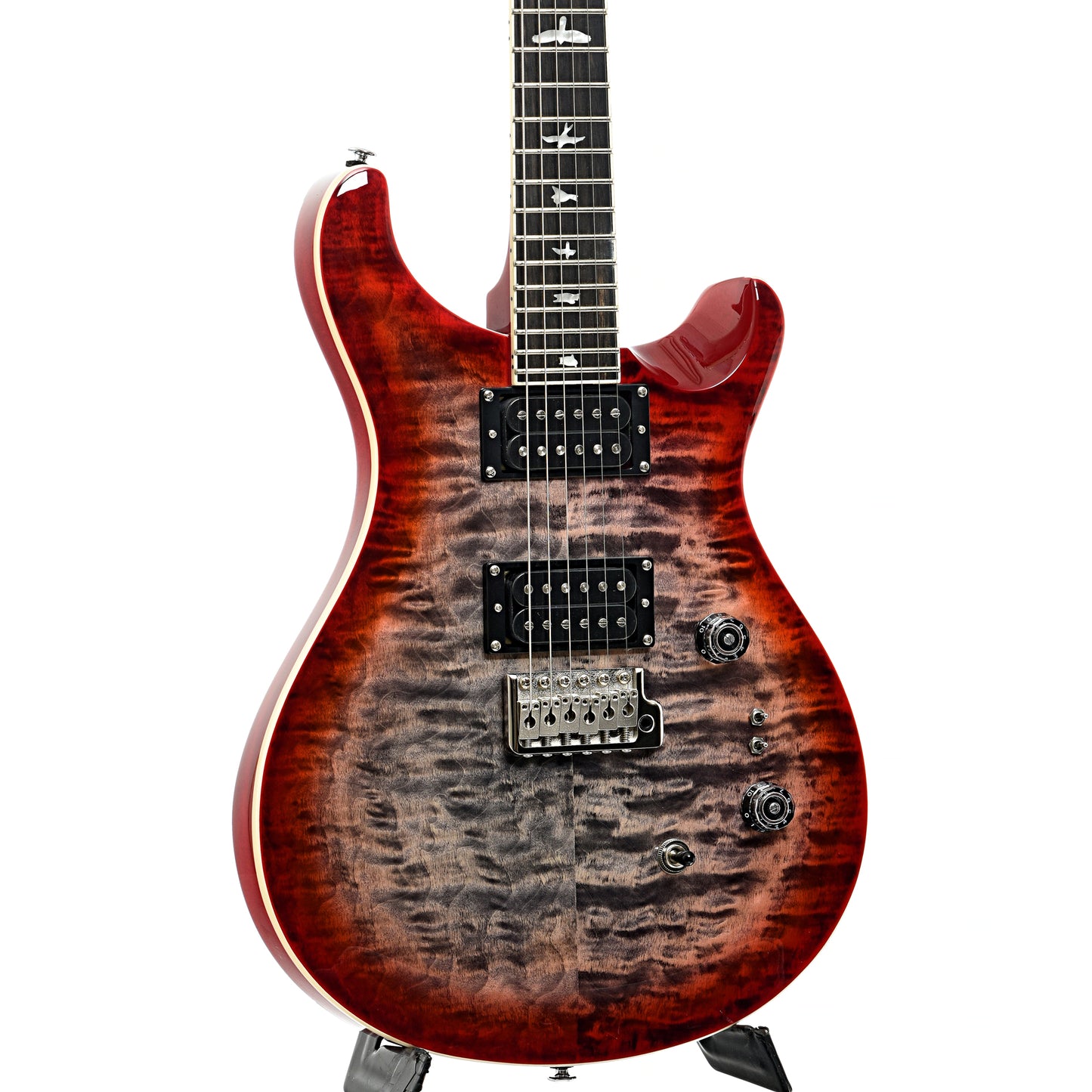 Front and side of PRS SE Custom 24-08 Quilt Top Charcoal Cherry Burst Electric Guitar