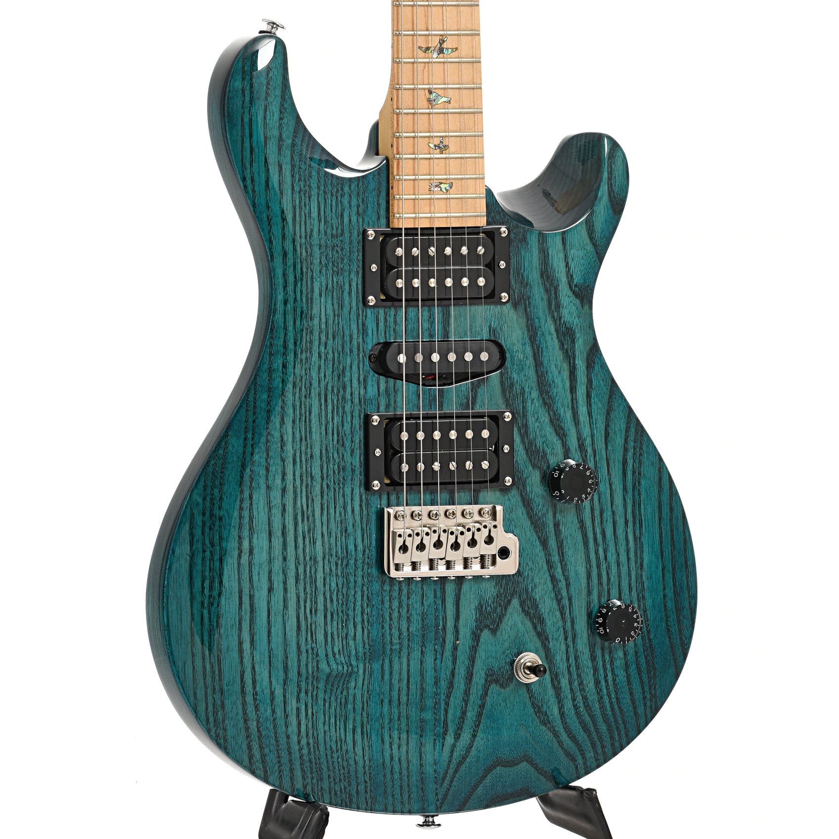 front and side of PRS SE Swamp Ash Special Electric Guitar, Iri Blue