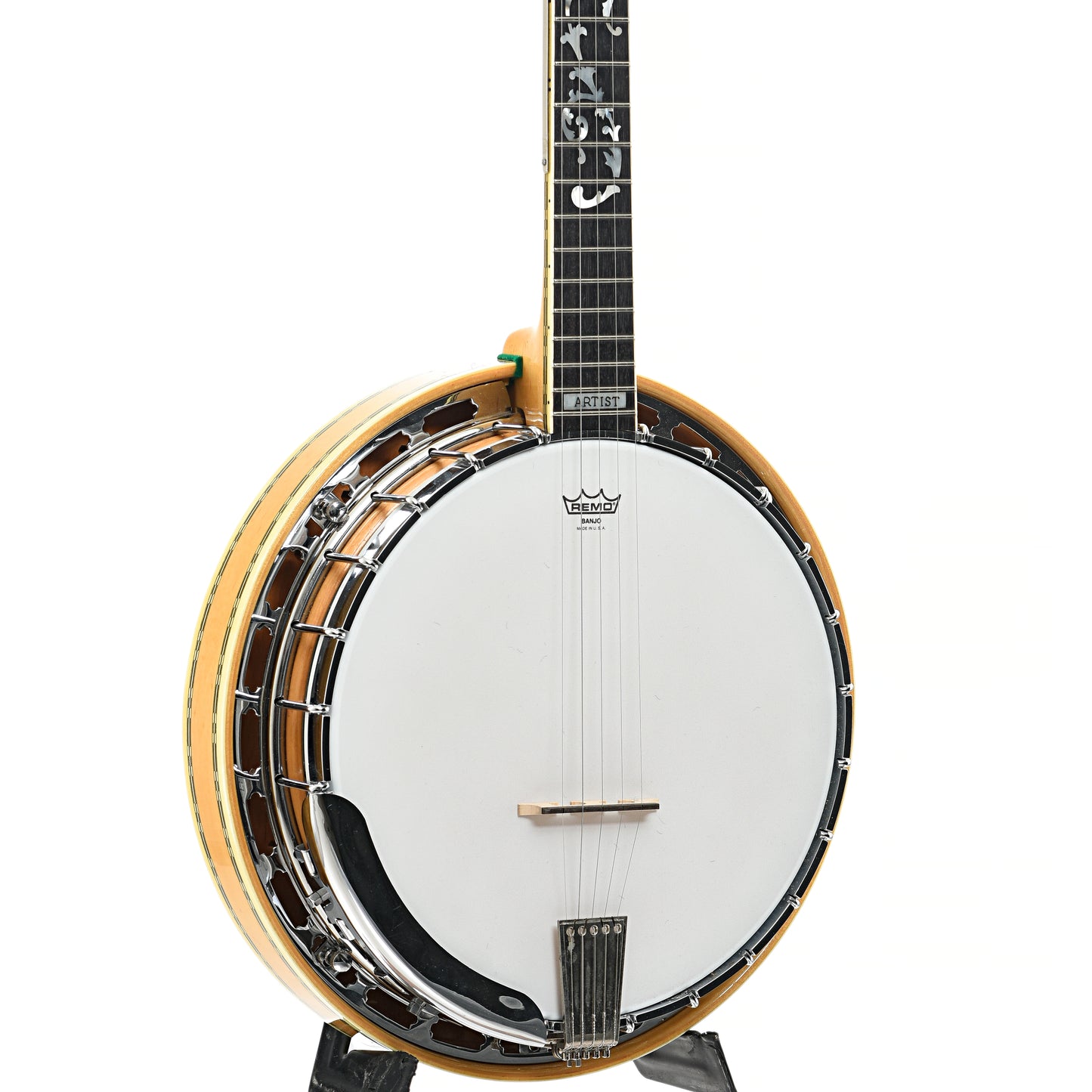 Front and  side of Ibanez Artist "Tree of Life" Blonde Resonator Banjo (c.1977)