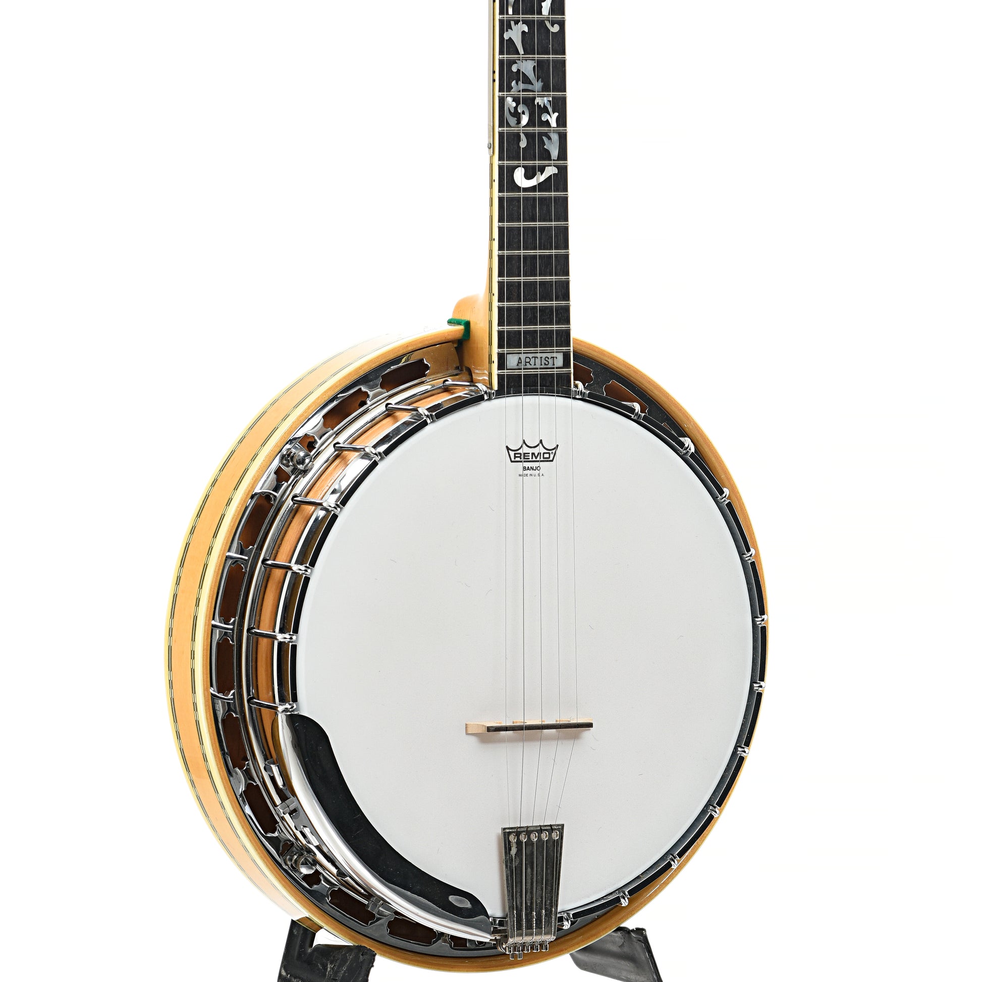 Front and  side of Ibanez Artist "Tree of Life" Blonde Resonator Banjo (c.1977)