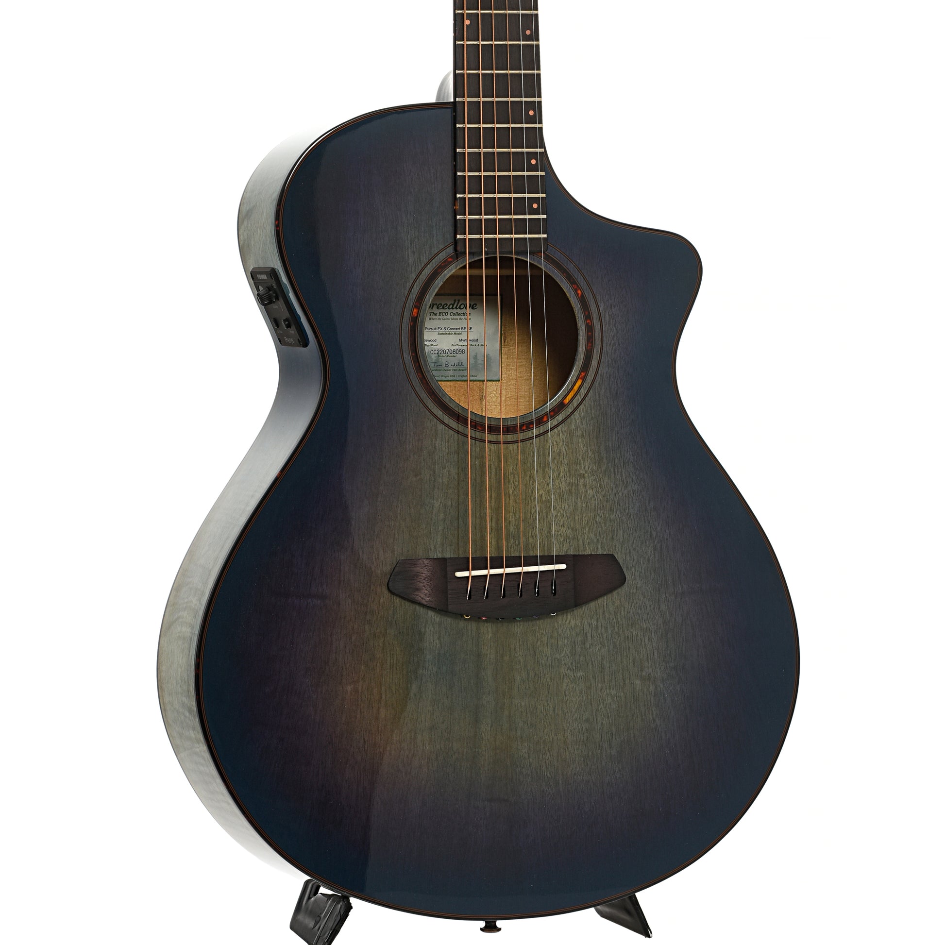 Front and side of Breedlove Pursuit Exotic S Concert Blue Eyes CE Myrtlewood-Myrtlewood Acoustic-Electric 