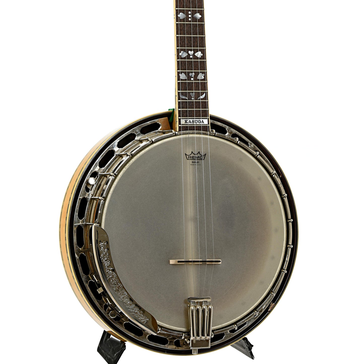 Front and side of Conrad-Kasuga Hearts & Flowers Resonator Banjo