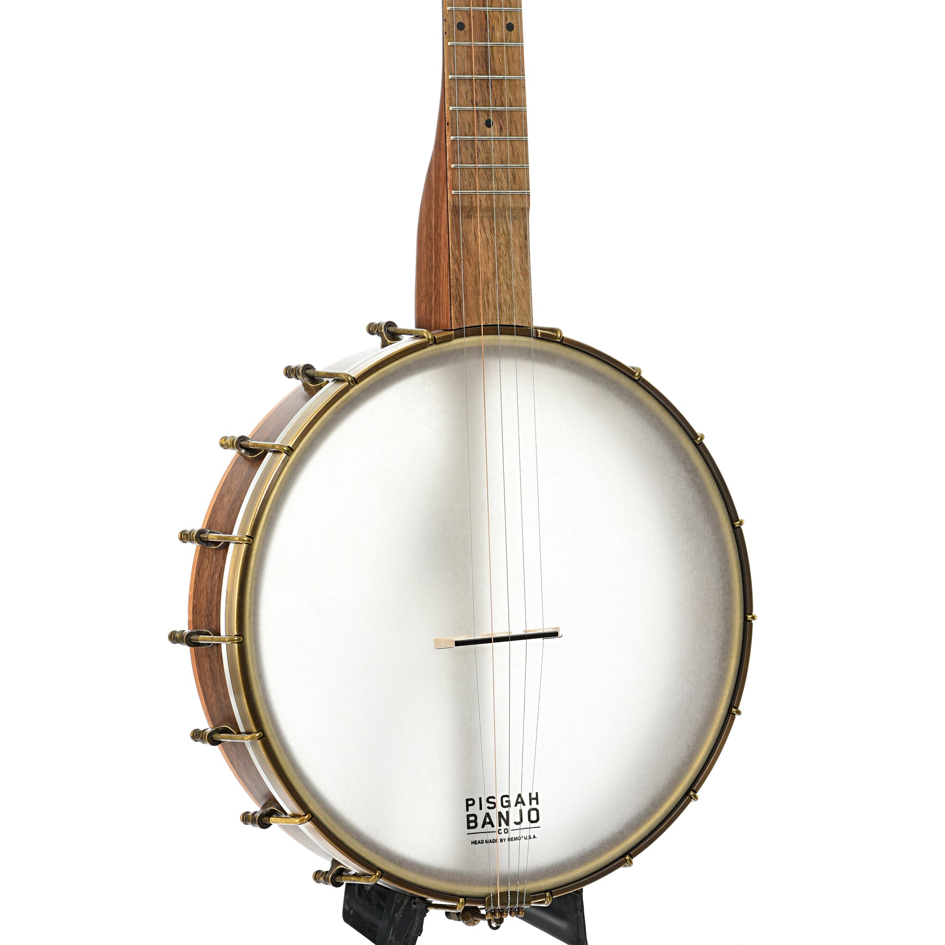 Front and side of  Pisgah Appalachian 12" Openback Banjo- Walnut, Short Scale