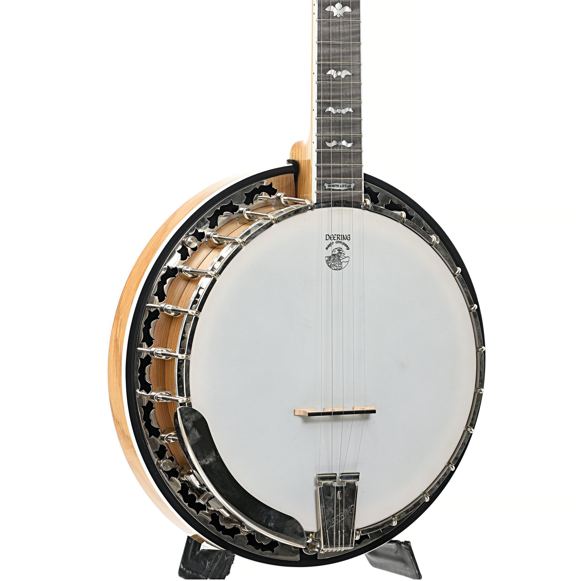 Front and side of Deering White Lotus Resonator Banjo (2021)