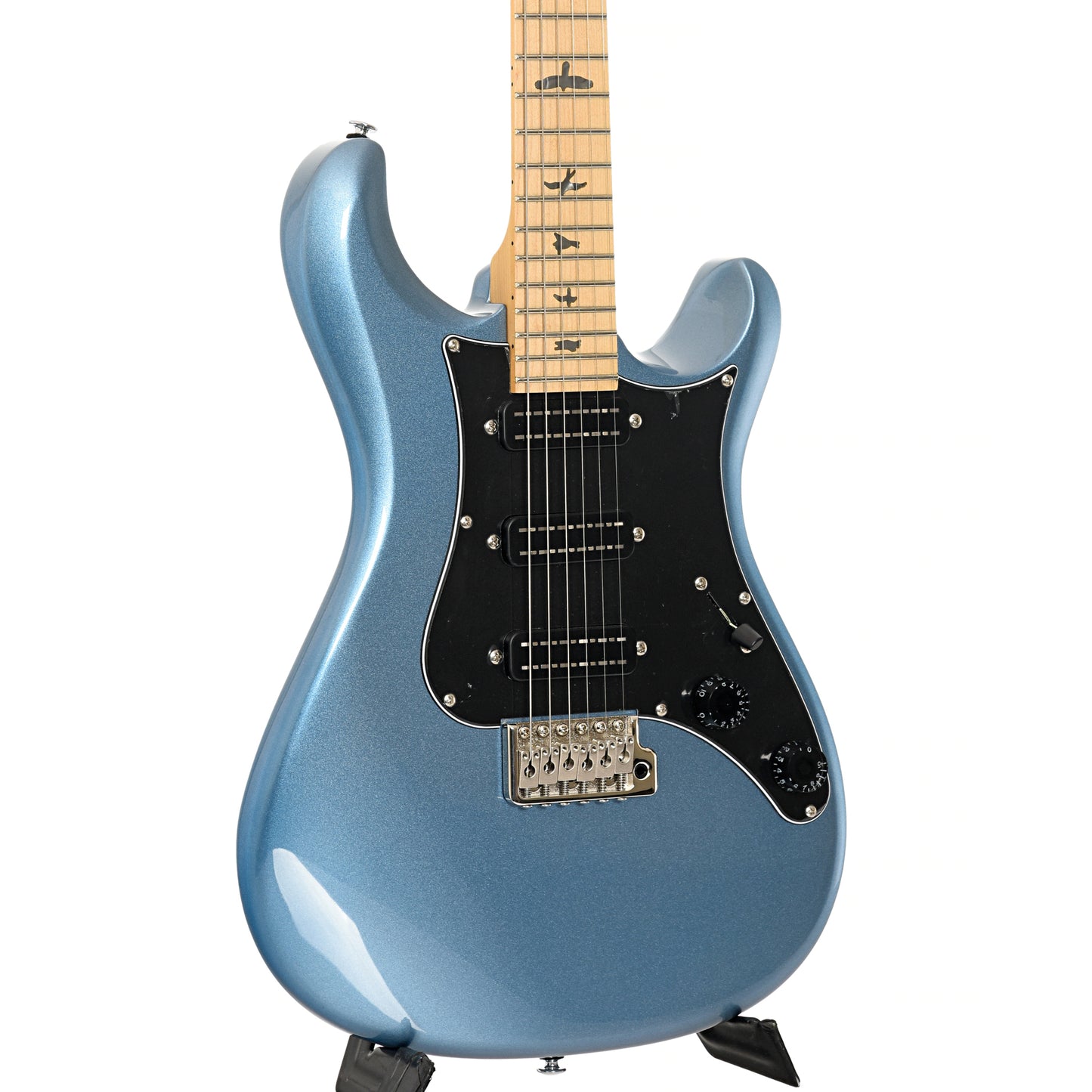 Front and side of PRS SE NF3 Electric Guitar, Maple, Ice Blue Metallic