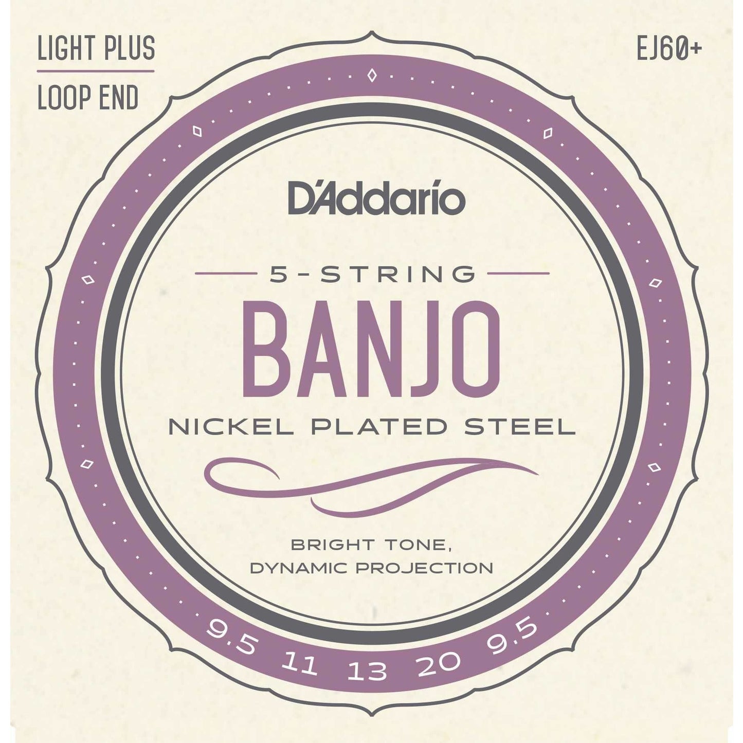 Front of D'Addario EJ60+ Nickel Plated Steel Light Plus Gauge 5-String Banjo Strings