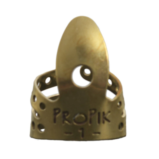 Front ofPropik Brass Straight Fingerpick, Split Wrap, Blade 1