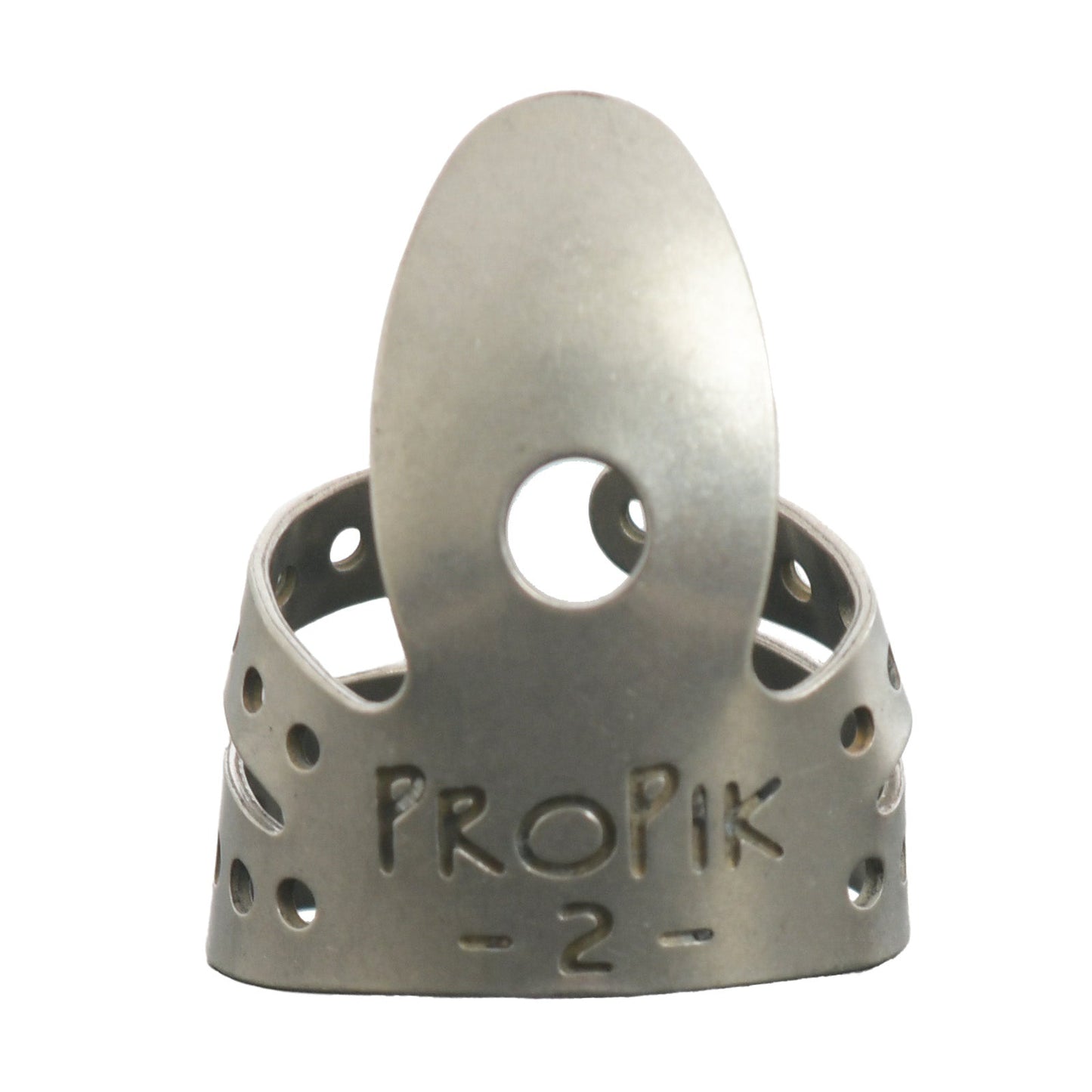 Front of Propik Nickel Straight Fingerpick, Split Wrap, Blade 2