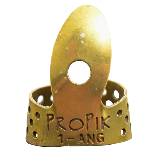 Front of Propik Brass "Fast Pick" Angled Fingerpick, Single Wrap, Blade 1