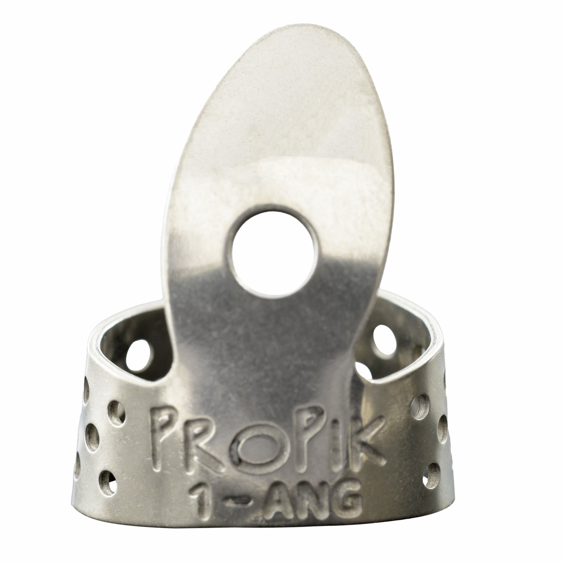 Front of Propik Nickel "Fast Pick" Angled Fingerpick, Single Wrap, Blade 1