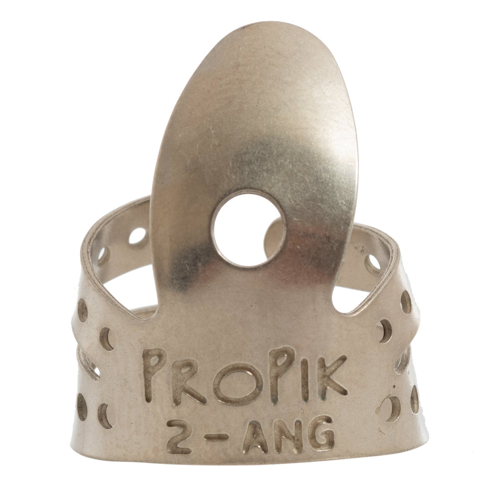 Front of Propik Nickel "Fast Pick" Angled Fingerpick, Split Wrap, Blade 2