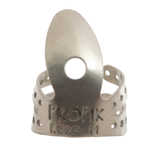 Front of Propik Nickel Resophonic Guitar Fingerpick, Split Wrap, Medium