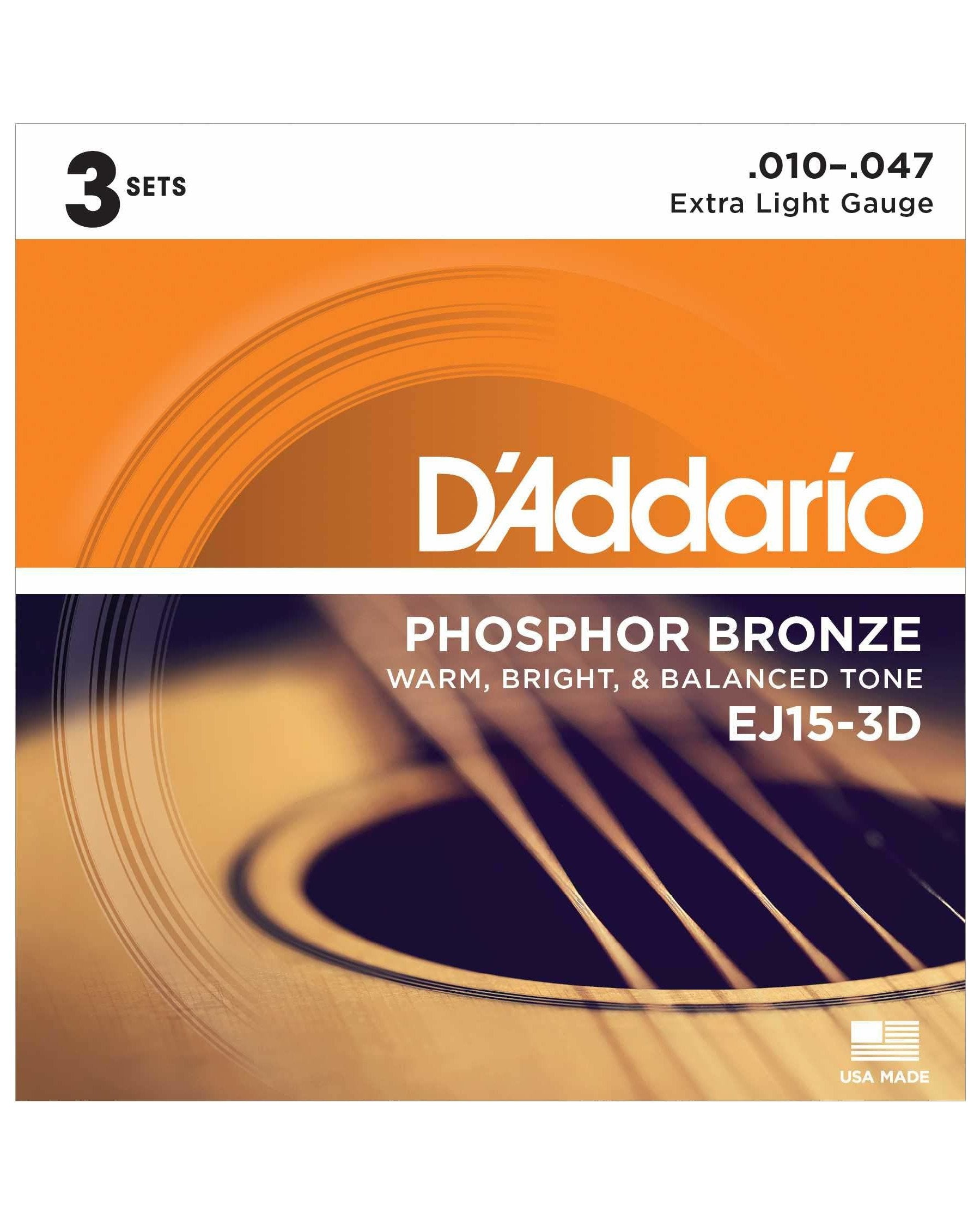 Front of D'Addario EJ15-3D Phosphor Bronze Extra Light Gauge Acoustic Guitar Strings, Three Pack