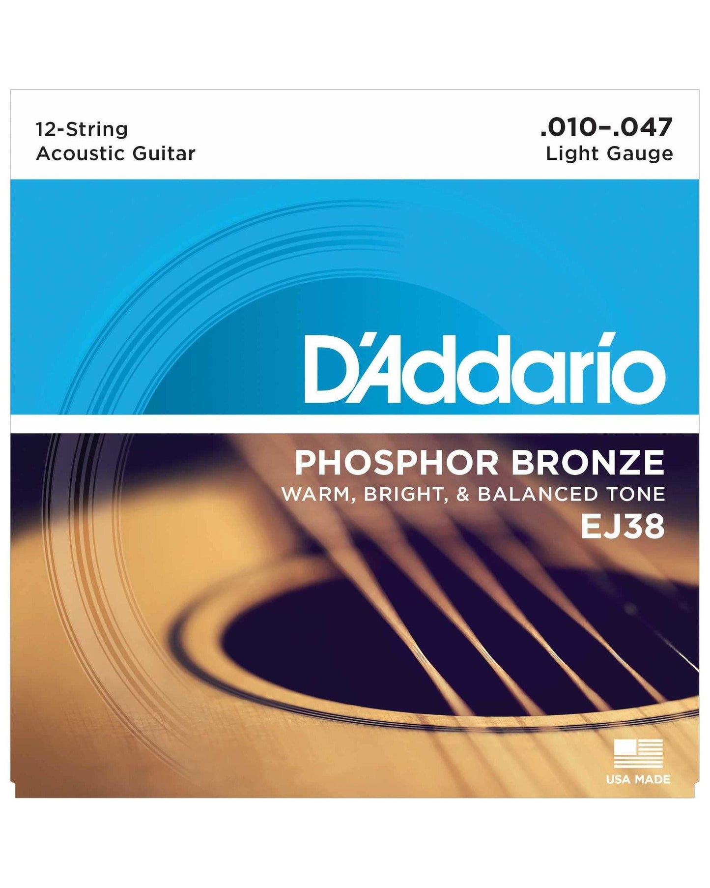 Front of D'Addario EJ38 Phosphor Bronze Light Gauge 12-String Acoustic Guitar Set